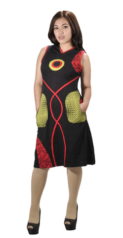 Ladies Sleeveless Dress With Hood And Patch Design. - TATTOPANI