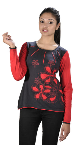 Flower Embroidery and Patch Red Tops - TATTOPANI