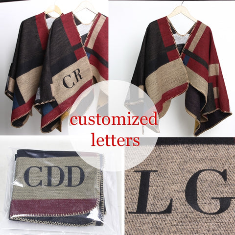 2016 new Brand Women Poncho Monogramed Blanket Poncho Cashmere Wool Personalized initials Scarf plaid poncho cape winter poncho